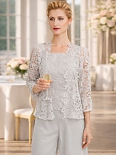 cheap Mom's Jumpsuits-Jumpsuit Pantsuit 3 Piece Floor Length Mother of the Bride Dress Sleeveless Square Neck Elegant Plus Size Formal Wedding Guest Chiffon Corded Lace Wrap Included with Lace Appliques