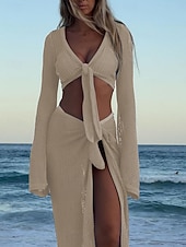 Недорогие Пляжные платья-Жен. Купальники Накидка 2 шт. купальник Трикотаж Отпуск Одежда для пляжа Сплошной цвет V-образный вырез Длинный рукав Купальники