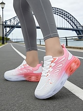 baratos Tênis de Corrida Femininos-Tênis feminino rosa com amortecimento a ar – calçado leve em mesh com degradê rosa, design respirável, confortável para corrida, caminhada, treinos na academia e uso casual.