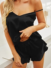 voordelige Slaaptops en -broeken voor dames-Dames Pyjamaset Casual Zacht Satijn Heldere kleur Met ruches Trekkoord Blote rug Korte broek Dagelijks Huis Bed Mouwloos hihnat blauw Zwart Champagne Blozend Roze Rood Zomer Ruim Passend