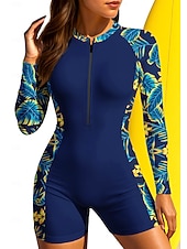 baratos Rash Guards de Uma Peça-Mulheres Normal Anti Atrito Roupa de banho Boyleg Tropical Zip Up Bojo Removível Zíper Frontal Proteção Solar UV UPF50+ Ultra Leve (UL) Manga Longa Roupa de Banho Anti Atrito Surfe Praia Esportes