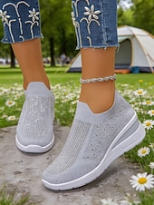 cheap Women's Sneakers-Women's Sparkle Pink Flyknit Platform Sneakers – Stylish Lightweight Knit Shoes for Walking, Shopping, Travel and Daily Wear