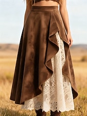 abordables Faldas-Mujer Vintage Moda Casual Maxi Alta cintura Faldas Plano Encaje Retazos Rígido Microelástico Diario Calle Marrón Primavera