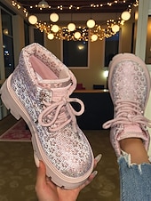 economico Stivali alla caviglia-stivaletti allacciati con glitter da donna - stivali da combattimento con plateau e strass scintillanti, stile trendy per la vita notturna, per feste e club &amp;abiti da sera