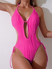 זול בגדי ים חלק אחד-בגד ים נשים חלק אחד חתכים סקסיים עם חוטי תיל מונוקיני דחיסת בטן מותן גבוהה דק ללא גב חופשת חוף צבעים מוצקים צוואר כפתף בלי שרוולים