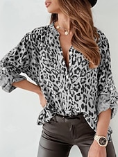 cheap Art&amp;Design Blouses-Women's Blouse Buttons Print Leopard Vintage Casual Long Sleeve Shirt Collar Regular Tops Daily Silver Yellow Apricot Spring Fall