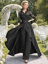 ieftine Salopetele mamei-Pantaloni Lungime Podea Rochie Mama Miresei Lungime Manșon 3/4 Guler Cămașă Epocă Petrecere Oficial Invitat la nunta Seară Formală Satin Dantelă cu Ruching