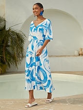 Недорогие повседневное платье-атласное синее платье макси с принтом мазков кисти для повседневного отпуска и путешествий