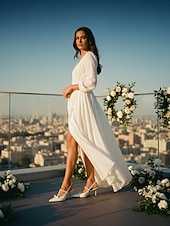 baratos noiva-Sapato feminino branco de salto alto com bico fino e tira em T com laço – elegante sapato de noiva para casamento na cidade. &amp;cerimônias religiosas, perfeitas para noivas e convidados de casamento