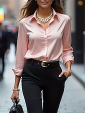 preiswerte Schicke Blusen-Damen Hemd Elegant Satin-Top Sommeroberteile Gerafft Patchwork Knöpfe Einfach Elegant Vintage Niedlich Langarm Hemdkragen Normale Oberteile Täglich Arbeit Ferien Rosa Sommer Frühling