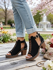 voordelige Hakken Sandalen-Rode damessandalen met dikke hak en ritssluiting, opengewerkt ontwerp, perfect voor tuinfeesten en casual gelegenheden.