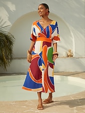 Недорогие повседневное платье с принтом-Летнее макси-платье из атласа с геометрическим принтом в стиле колор-блок.