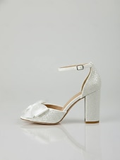 economico sposa-sandali da sposa da donna con tacco a blocco e glitter bianchi, cinturino alla caviglia e fiocco in raso – eleganti scarpe da sposa aperte per cerimonie in giardino ed eventi all'aperto