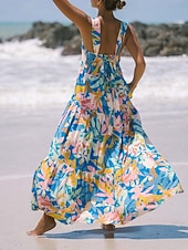 tanie Sukienki kwiatowe-Damskie Sukienka maxi Sukienka A line Sukienka na ramiączkach Urlop Codzienny Na zewnątrz Wyjściowe Luźna Kwiaty Graficzny Bez rękawów Cienkie ramiączka Niebieski Błękit nieba Pomarańczowy Zielony