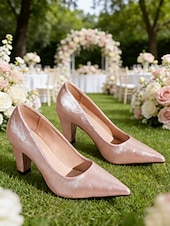 cheap Bridesmaid-Women's Metallic Pink Pointed Toe Heels with Chunky Heel – Elegant Wedding Guest and Bridesmaid Shoes for Garden Weddings