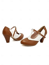economico Retrò anni ’50-scarpe con tacco a T da donna in stile retrò anni '50, marroni e bianche, con dettagli brogue e chiusura con fibbia: scarpe mary jane vintage per ufficio, feste in giardino ed eventi a tema retrò