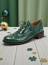 levne Dámská obuv-Dámské zelené oxfordské společenské boty s detailem brogue – pohodlné boty na nízkém podpatku se šněrováním na průvod ke Dni svatého Patrika, irské festivalové outfity, sváteční párty outfity