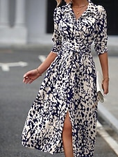 cheap Art&amp;Design Dress-Women's Midi Dress A Line Dress Summer Dress Casual Daily Regular Fit Graphic Leopard Long Sleeve Lapel Navy Fuchsia Green Spring