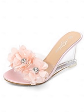 cheap Bridesmaid-Women's Floral Clear Heel Slide Sandals, Transparent Low Heel Mules for Bridesmaids, Elegant Garden Wedding &amp; Outdoor Ceremony Shoes