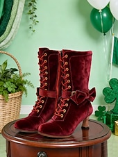  Damskie aksamitne botki sznurowane w kolorze leśnej zieleni – eleganckie botki na obcasie typu „kaczuszek” z ozdobnym kokardką na imprezy z okazji Dnia Świętego Patryka i zimowe festiwale