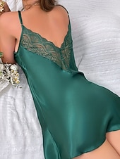 お買い得  レディース ワンジー-女性用 ナイトガウン 活発的 セクシー カジュアル ピュアカラー レース バックレス ドレス 日常 家 ベッドサイド ノースリーブ ストラップ ライトピンク ブラック シャンパン ルビーレッド パープル 夏 レギュラー