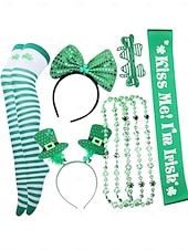 女性用聖パトリックデー グリーンアクセサリーセット - 「キス・ミー・アイム・アイリッシュ」ヘッドバンド、ストッキング、ネックレス &お祝い事にもっと