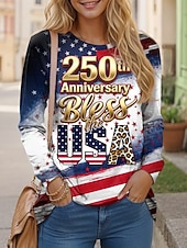 ieftine Ziua Independenței Top-Ziua Independenței Aniversarea Americană Pulover pentru Femei T-Shirt Grafic Steag Stil Casual Mâncă Lungă Guler Rotund Topuri Regulate de Zi cu Zi Imprimare Albastru Negru Primăvară Toamnă