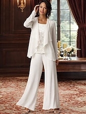 abordables Trajes de pantalón de mamá-Traje de pantalón Traje de 3 piezas Hasta el Suelo Vestido de Madrina Sin Mangas Barco de cuello Elegante Talla Grande Bolero incluido Formal Invitado a la boda Gasa con Encaje