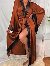 Χαμηλού Κόστους Γυναικεία Πιτζάμες Onesies-Γυναικεία Ρόμπα Καθημερινό Μαλακή Σατέν Μονόχρωμες Δαντέλα Παντελόνι Καθημερινά Σπίτι Κρεβάτι Μακρυμάνικο Λαιμόκοψη V Μαύρο Λευκό Κρασί Ρουμπίνι Καφέ Καλοκαίρι Άνοιξη Κανονικό