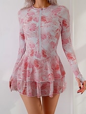 billiga Tankinis-Dam Badkläder Tankini 2 st Kjol Baddräkt Magkontroll Hög midja Smal Elegant Semester Blommig Rund hals Långärmad Baddräkter