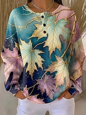 cheap Humor&amp;Quotes Hoodies-Women's Pullover Sweatshirt Buttons Print Floral Graphic Vintage Casual Long Sleeve Crew Neck Regular Tops Casual Street Dailywear Blue Yellow Pink Purple Spring Fall Winter