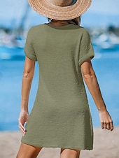 cheap Beach Dresses-Women's Swimwear Cover Up Swim Dress Swimsuit Knitted Vacation Beach Wear Solid Color V Neck Short Sleeves Bathing Suits