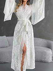 cheap Women's Onesies-Women's Robe Casual Soft Satin Pure Color Lace Patchwork Daily Home Bed Long Sleeve V Neck Black White Wine Summer Spring Loose Fit