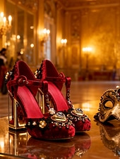 preiswerte Barock &amp; Aussage-Damen Mardi Gras Barock-inspirierte Karneval T-Strap Heels – Verzierter Satin-Pumps mit goldenen Akzenten Strasssteinen und klobigen Absätzen für Maskeradenbälle und Feierlichkeiten
