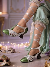 economico Scarpe da donna-Tacchi T-Strap vintage verdi e argento da donna per il Mardi Gras – Perfetti per balli in maschera eventi festivi e feste a tema