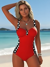 رخيصةأون مايوه قطعة واحدة-البيكيني النسائي من قطعة واحدة بتصميم نحيف مع حمالة تحتية بنقشة ألوان أنيقة لعطلة بنقاط البولكا هندسية ريشة بدون أكمام