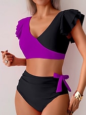 Χαμηλού Κόστους Σετ μπικίνι-Γυναικεία Μαγιό 2 κομμάτι Προκλητικό Μαγιό Σουρωτά Κουρελού Εξώπλατο Διακοπές Ρούχα παραλίας Συνδυασμός Χρωμάτων Λαιμόκοψη V Αμάνικο Μαγιό