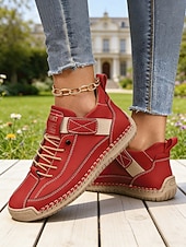 abordables Baskets femme-Baskets rouges décontractées pour femmes - chaussures confortables à lacets avec coutures apparentes et détails contrastés, idéales pour les promenades quotidiennes, les courses en extérieur, les brunchs et les sorties décontractées.