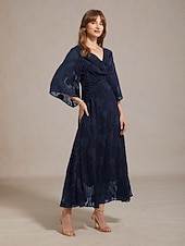 abordables Robe Fleurie-Femmes Robe maxi Robe en Chiffon Élégant Quotidien Vacances robe demoiselle d honneur À lacets Fleuri Manche 3/4 Col en V bleu marine