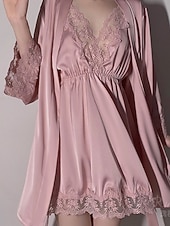 abordables Combinaisons pour femmes-Femmes Robe Chemise de Nuit Ensemble Pyjama Occasionnel Doux Satin Couleur Unie Dentelle Robes Quotidien Maison Lit manche longue Bretelles Noir Blanche Rose Claire Vin Marron Été Coupe régulière