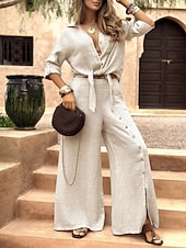 billige Blusedresser for kvinner-Dame Buksesett Bolero topp Langermet Skjortekrage Helfarge Mote Gatemote Avslappet Daglig utendørs Hvit Mørkegrønn Brun Sommer Løstsittende