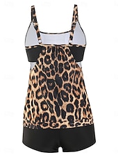 abordables Tankinis-Bañador de tankini de 2 piezas para mujeres leopardo pantalones cortos control de abdomen alta cintura delgado espalda descubierta para vacaciones playa hojas cuello redondo sin mangas