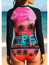economico Rash Guards Interi-Per donna Standard Top sottomuta Costume da bagno Costume Intero Tropicale Color-blocking con reggiseno incorporato UPF50+ Protezione UV Elastico Manica Lunga Costume da Bagno Body Surf Spiaggia