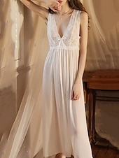 voordelige Rompers voor dames-Dames Nachtjapon Casual Zacht Satijn Heldere kleur Lapwerk Netstof Dagelijks Huis Bed Mouwloos V-hals Zwart Wit Wijn Zomer Ruim Passend