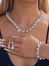 abordables Boda ACC-Conjunto de joyas de aleación de perlas de imitación para mujer: conjunto de 3 piezas de collar, pulsera y aretes, perfecto para bodas y ocasiones especiales.