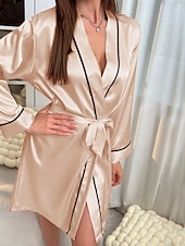 preiswerte Bademäntel für Damen-Damen Freizeitkleidung Robe Lässig Weich Satin Patchwork Schnürung Täglich Heim Bett Langarm V Ausschnitt Schwarz Champagner Rosa Rote Sommer Normale Passform