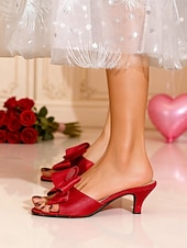 economico San Valentino-pantofole da donna in raso rosa con fiocco oversize e punta aperta: eleganti pantofole con tacco per San Valentino, appuntamenti romantici e occasioni speciali