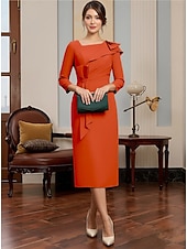 voordelige Thee Lengte-Sheath Column Tea Length Party Dress Cocktail Dress Wedding Guest Dress Mother of the Bride Dress Long Sleeve Square Neck Elegant Minimalist Formal Wedding Guest Stretch Fabric with Ruched Beading