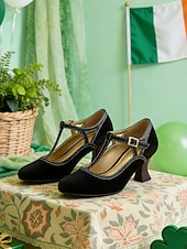 abordables Día de San Patricio-Zapatos de tacón con tira en T de terciopelo verde para mujer: calzado de inspiración vintage para festividades del Día de San Patricio, fiestas y celebraciones.