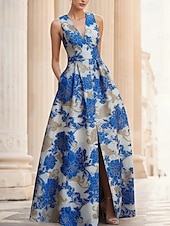  A-linja Kokopitkä Iltapuku Tyylikäs Vintage Kukka-aihe Hihaton V kaula-aukko Häät Muodollinen Jakardi kanssa Kukkapainatus Laskokset Tasku